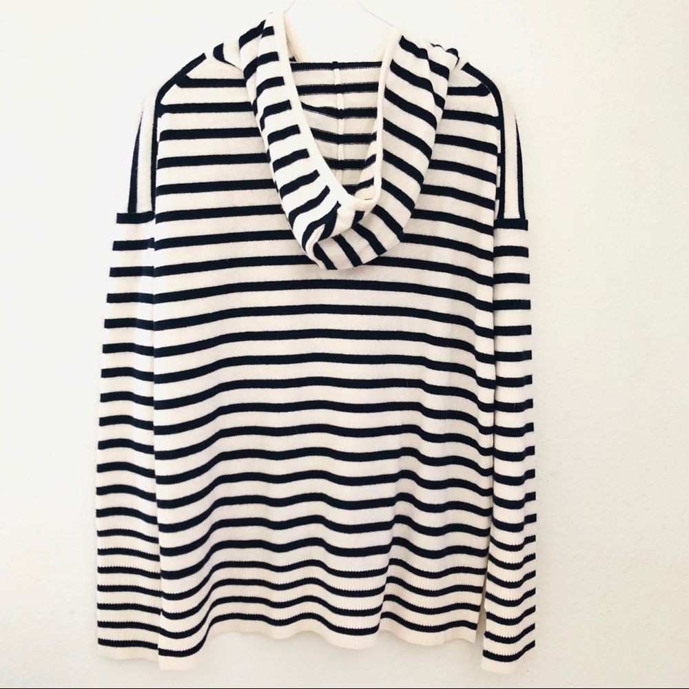 AQUA Cashmere Striped Hooded Sweater Navy/Ivory S - Picture 3 of 6